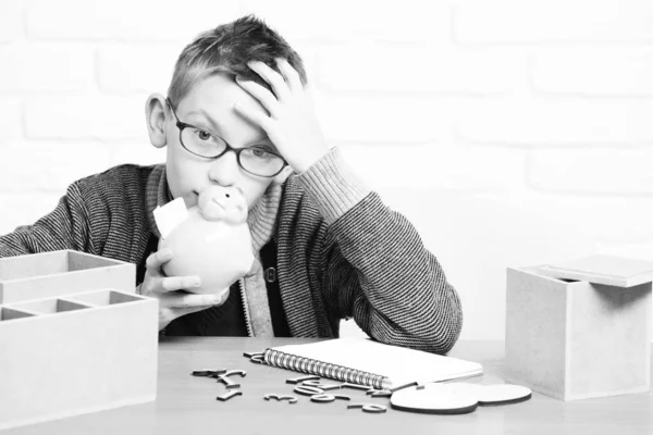 Young cute little pupil boy on white brick wall background — Stock Photo, Image