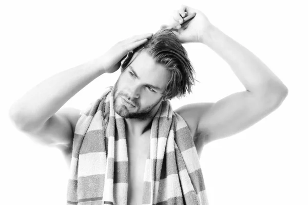 Shower time and healthy lifestyle concept. Macho with striped towel — Stock Photo, Image