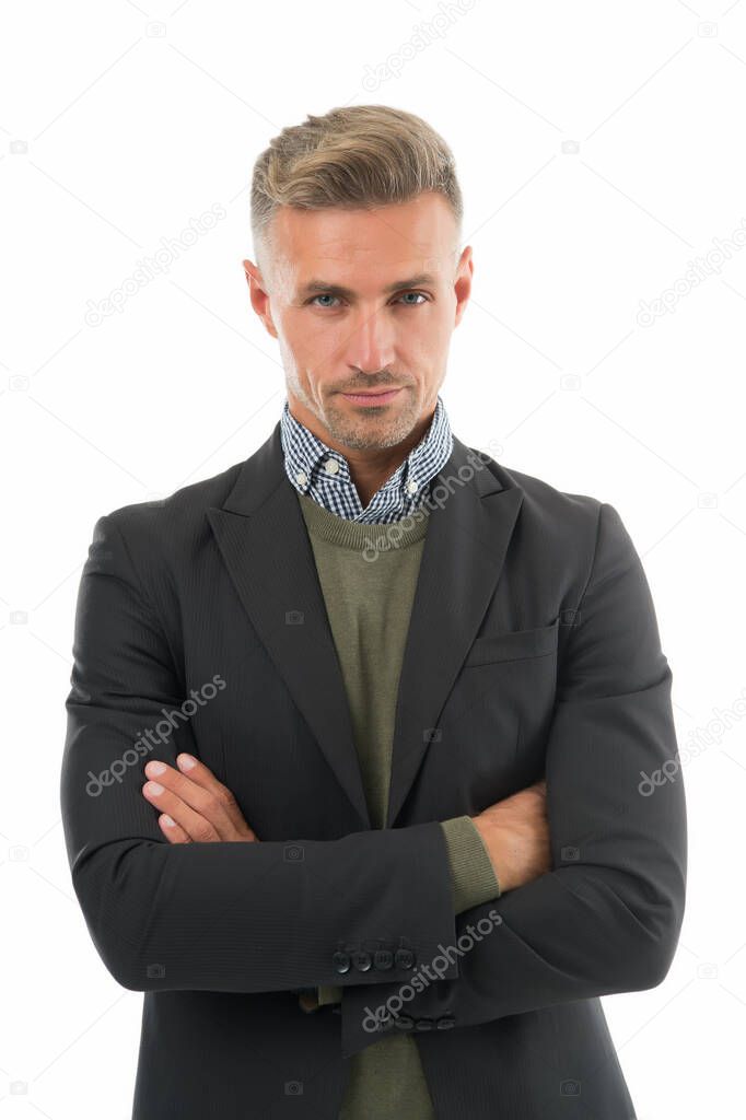 Dressing to send confident impression. Confident man keep arms crossed. Confident look of project manager. Menswear store. Office style. Formal fashion trend. Business attire. Feeling confident