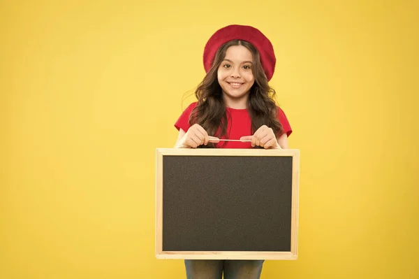 Happy hours. Good news. School information. Informing you. Child promo information board. Place for information. Girl hold blank blackboard chalkboard. Advertising copy space. Back to school concept — Stock Photo, Image