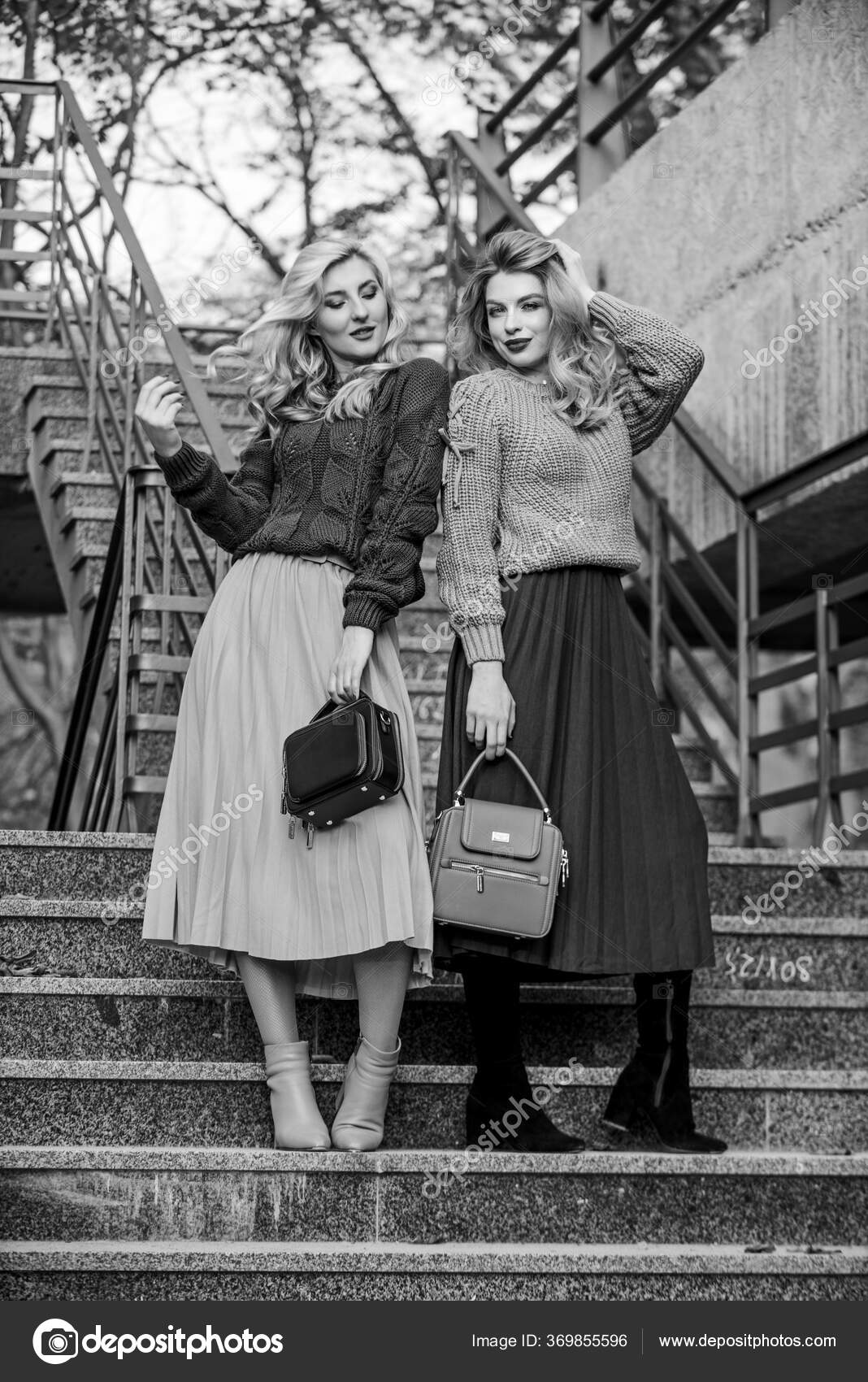Sweater skirt trend. Completing each other. Vogue concept. Girls