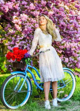 Sakura ağacı çiçek açıyor. Sakura mevsimi. Yumuşak bir koku. Hobi ve boş zaman. Ulaşım ve seyahat. Mevsimsel alerji. Sakura ağacının yanında klasik kruvazör kız bisikleti. Bahçedeki kadın. Aroma kavramı