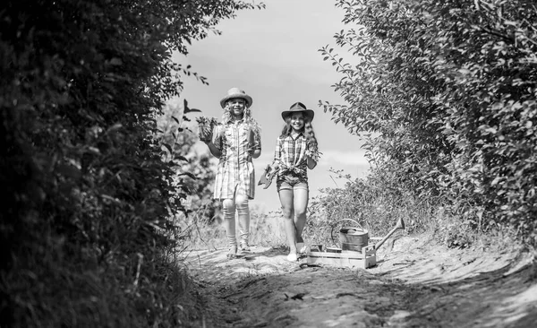 Fleuriste au travail. agriculture et agriculture. printemps côté campagne. écologie et protection de l'environnement. petites filles agricultrices dans le village. les enfants tiennent des outils de jardinage. Jour de la Terre. ferme familiale d'été — Photo