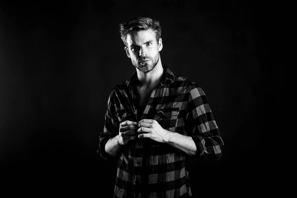 Hipster black background. Meaning of modern manliness. Handsome well groomed man. Exhibit masculine traits. Standards of manliness or masculinity. Manliness concept. Barbershop and beauty salon — Stock Photo, Image