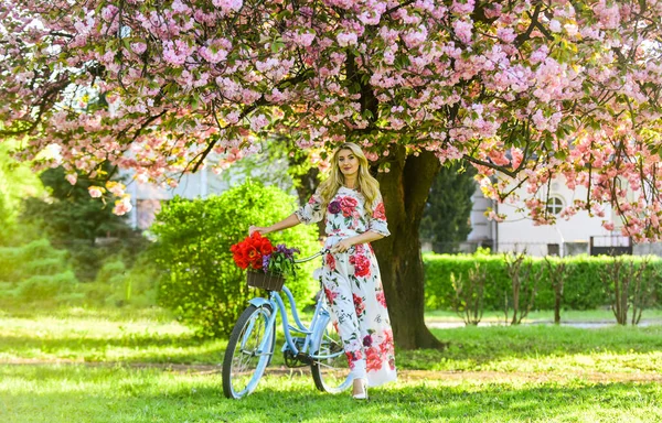 Sakura szezon. Egy nő tulipáncsokorral. A Sakura fa virágzik. Romantikus biciklizés. Lány hosszú ruha retro cirkáló kerékpár sakura fa. Tavaszi szünet. Idegenforgalmi koncepció. Szállítás és utazás — Stock Fotó