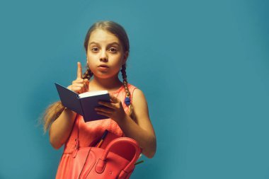 Örgü örgülü öğrenci, mavi arkaplanda kopya alanı ile izole edilmiş