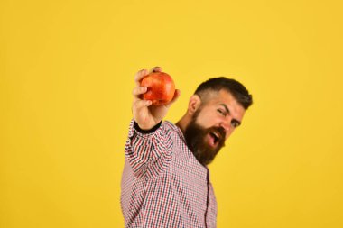 Adam evde yetişen hasatı sunuyor. Sakallı adam kırmızı elma tutuyor.
