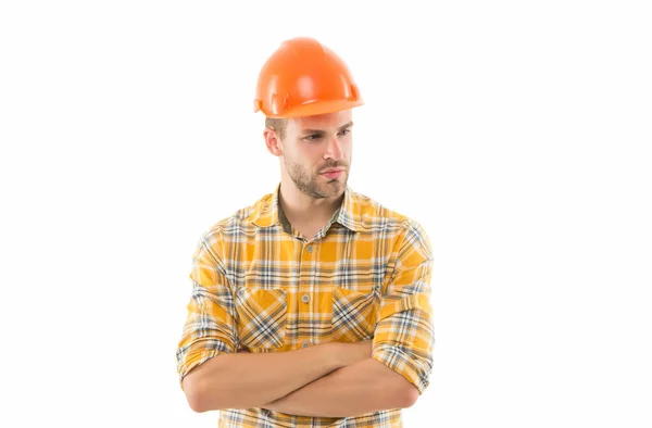 Stets der Arbeit verpflichtet. Selbstbewusster Arbeiter isoliert auf Weiß. Bauarbeiter tragen Schutzhelm. Ingenieursarbeit. Bauarbeiten. Sicheres Arbeitsumfeld — Stockfoto