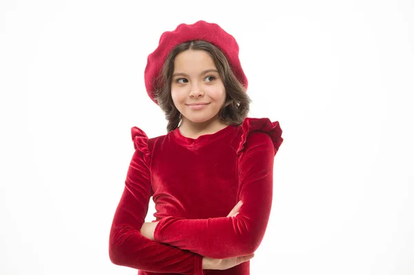 Perfect female. small beauty isolated on white. kid has perfect skin and hair. parisian lady. happy child in french beret. retro kid fashion. pretty little girl wear red barret. childhood happiness — Stock Photo, Image