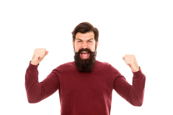 Hombre expresando emoción positiva. celebrando el éxito y la victoria. es el ganador de la lotería. verdadero campeón. expresiones faciales humanas. hombre completamente feliz. barbudo hipster sentir la felicidad —  Fotos de Stock