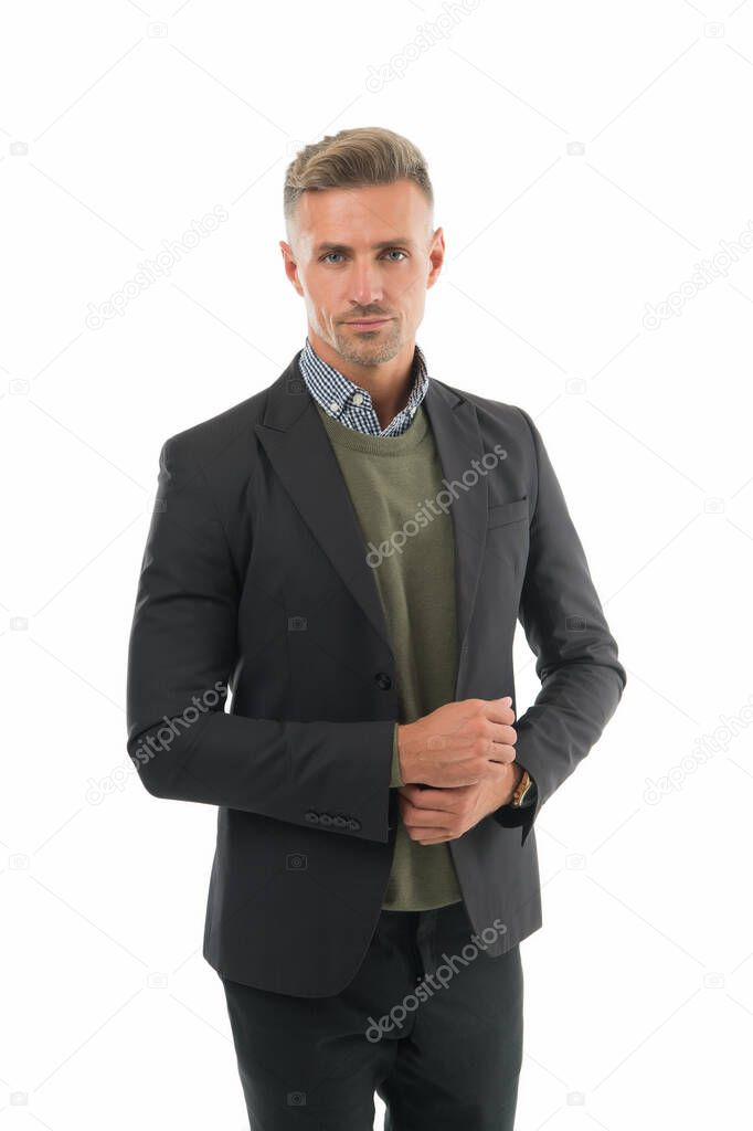 Man of style. Handsome man isolated on white. Serious man in formal style. Fashion look of mature man. Fashion wardrobe. Office style. Business attire. Menswear store. Dressing for work