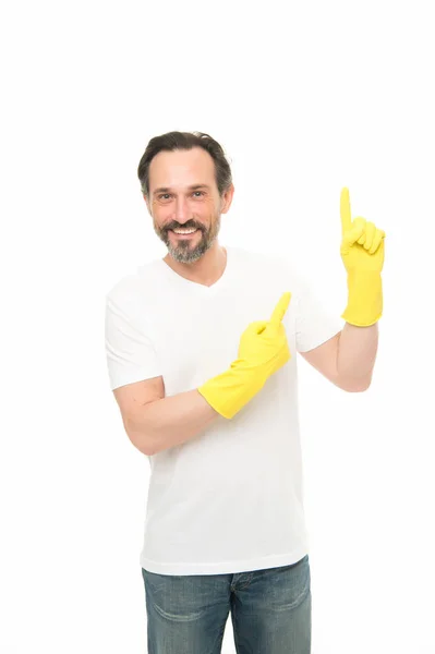 Hand skin protection. everyday routine with domestic duties. He will cope with any task. happy mature man wear rubber gloves. man cleaning home. care your hands while washing dishes — Stock Photo, Image