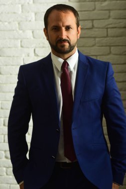 İş adamı resmi takım elbise ve kravat takar. Sakallı lider.