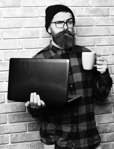 Barbudo brutal caucasiano hipster segurando laptop com copo — Fotografia de Stock