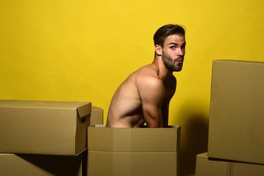 Şaşırmış yüz derisi olan maço, boşluğu kopyala. Sakallı adam