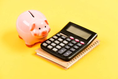 Banka hesabı. Maaş kazan. Para bütçe planlaması. Kâr hesapla. Domuz kumbarası pembe domuz ve hesap makinesi. Finansal refah. Ekonomi ve finans. Kredi konsepti. Tasarruf. Para biriktir