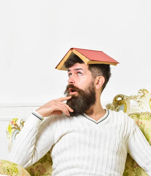 Perder el concepto de mente. Macho se sienta con el libro abierto en la cabeza, como el techo. Guy, el profesor exageró con la enseñanza, perdió la cabeza. Hombre en la cara loca con barba y bigote se sienta en el sofá, fondo blanco de la pared —  Fotos de Stock