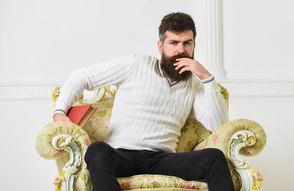 Connoisseur of literature concept. Macho spends leisure with book. Connoisseur, on thoughtful face enjoy literature. Man with beard and mustache sits on armchair and reading, white wall background. — Stock Photo, Image