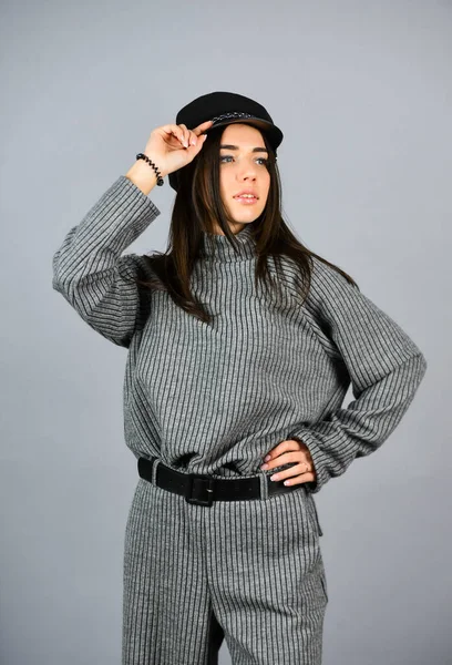 Fashionable knitwear. Knitwear concept. Feel comfortable. Woman wear grey suit blouse and pants. Shop Your Style. Designed for your comfort. Warm comfortable clothes. Casual style for every day — Stock Photo, Image