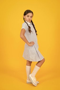 Güzel örgüler. Örgülü saç modeli kavramı. Sevimli örgüler. Örgülü saç stili olan kız. Kuaför salonu. Sarı arka planda liseli kız öğrenci. Düzenli saç modeli. Sevimli örgülü küçük kız