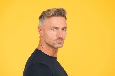 Moda kısa saç kesimi. Orta yaşlı, şık saçlı bir adam. Kuaför salonu. Normal tarzda olgun bir model. Berber dükkanı. Berber dükkanı. Erkek bakım alışkanlığı. Saç bakımı rutini. Saç bakımı. Çünkü senin saçın.