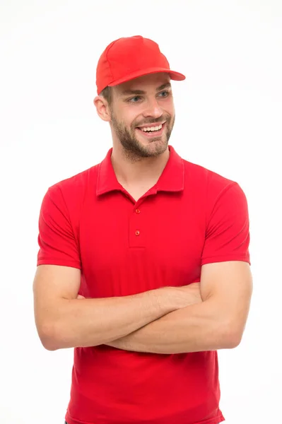 Trend for him. Confident guy. Happy guy keep arms crossed isolated on white. Handsome guy in casual style. Unshaven guy wear red cap and polo shirt. Fashion and style. Menswear store — Stock Photo, Image