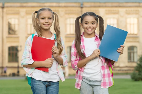 Help je kinderen bij te praten of vooruit te komen zonder zomerschool. School club. Modern onderwijs. Privé-onderwijs. Tieners met rugzakken. Stijlvolle lachende schoolmeisjes. Meisjes school gebouw achtergrond — Stockfoto