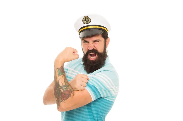 Sterke spieren. Zeeman geest. Baard matroos geïsoleerd op wit. Zeiler of zeeman met lange baard en snor. Werk als zeeman. Professionele zeeman. Marine en marinier. Zeeavonturen concept — Stockfoto