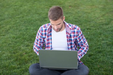 Millennial iş yaratıyor. Modern iş. Modern teknolojiler. Öğrenci çayır üzerinde çalışıyor. Çevrimiçi iletişim. İnternette sörf yapmak. Dizüstü bilgisayara bakan adam. Yetenekli geliştirici. Girişim