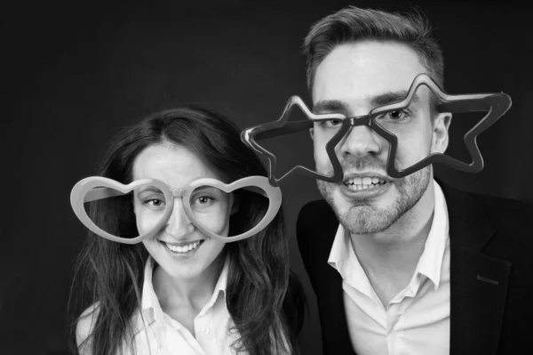 Corporate party time. lets have fun. work hard play hard. corporate party in office. office life. happy couple celebrate holiday. man and woman party glasses. express positivity. event management — Stock Photo, Image