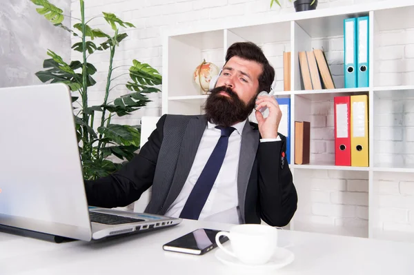 Online job that is flexible and easy. Bearded man run online business. Marketing manager work online in office. Digital marketing. Freelance online. New technology. Business communication. Video call