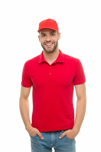 Handsome and stylish. Happy hipster isolated on white. Unshaven man in trendy hipster style. Hipster lifestyle. Cool hipster wear baseball cap. Fashion and style — Stock Photo, Image