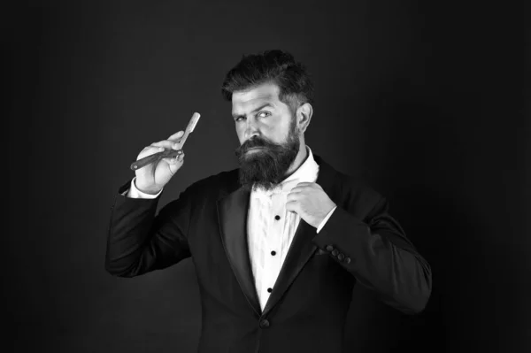 Moustache season. Businessman wear long beard and moustache. Bearded man with stylish moustache hair. Moustache shaving with razor blade. Male master. Barbershop. Barbers — Stock Photo, Image
