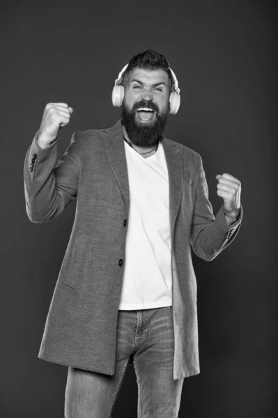 Hear my voice. Bearded man enjoy singing to vocal melody. Happy hipster do vocal on song grey background. Training vocal skills. Vocal singing. Music and karaoke. Lets sing — Stock Photo, Image