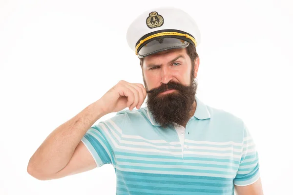 Ervaren matroos kapitein. Baard matroos geïsoleerd op wit. Marine en marinier. Zeeavonturen concept. Zeiler of zeeman met lange baard en snor. Professionele zeeman. Zeevoedsel. Scheepseigenaar — Stockfoto