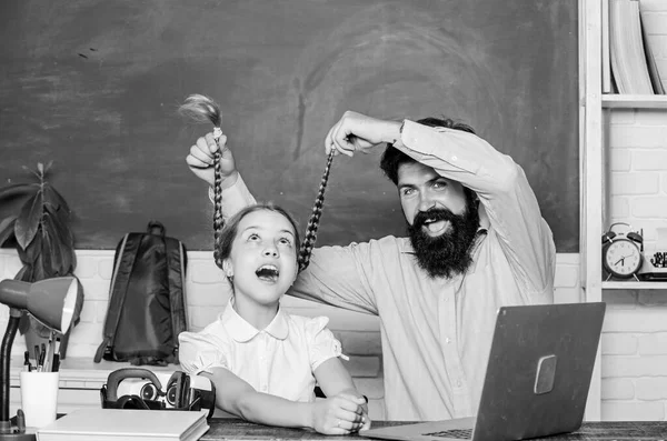 Homeschooling with father. Find buddy to help you study. Private lesson. Study online. School teacher and schoolgirl with laptop. Study modern technologies. Man bearded pedagogue teaching informatics — Stock Photo, Image