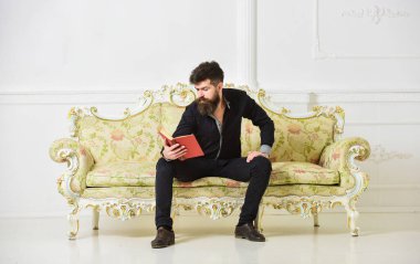 Öğretim görevlisi kanepeye oturur ve beyaz duvar arka planında kitap okur. Bilim adamı, düşünceli yüz profesörü edebiyattan zevk alıyor. Elit eğlence konsepti. Sakallı ve bıyıklı adam boş vakitlerini kitapla geçiriyor..