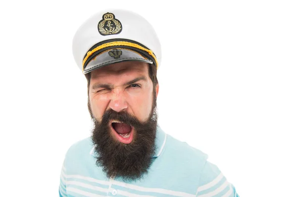 Winking sailor copy space. Bearded sailor isolated on white. Navy and marine. Sea adventures concept. Sailor or seaman with long beard and mustache. Work as sailor. Professional mariner. Sea food — Stock Photo, Image