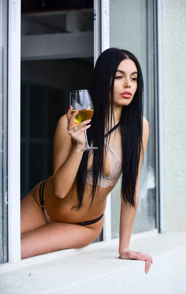 Hot lady erotic lingerie sit window sill. Woman drink wine. Thirst for entertainment. Girl with glass of wine. Elite wine. Hedonism concept. Staying at home could be fun. Sexy girl alcohol cocktail — Stock Photo, Image