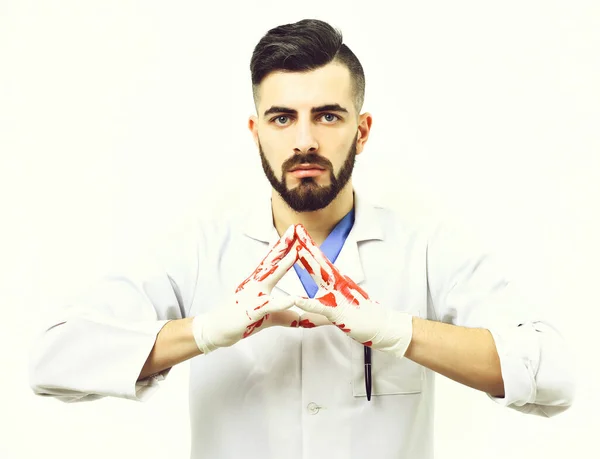 Γιατρός σε γάντια λατέξ απομονώνονται σε λευκό φόντο — Φωτογραφία Αρχείου