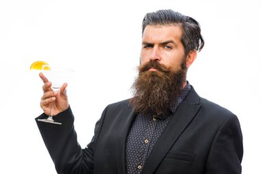 Hipster raising glass with margarita. Man holds glass, cocktail clipart