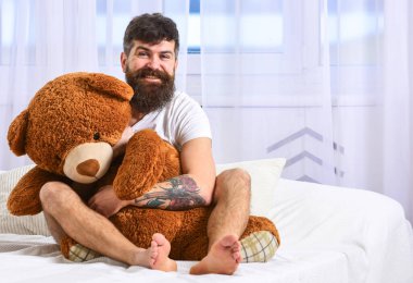 Neşeli suratlı adam dev oyuncak ayıya sarılıyor. Çocukçuluk kavramı. Sakallı ve bıyıklı maço. Şekerlemeden sonra pelüş oyuncakla rahatlıyor. Dinleniyor. Adam yatakta oturur ve büyük oyuncaklara sarılır, arka planda beyaz perdeler