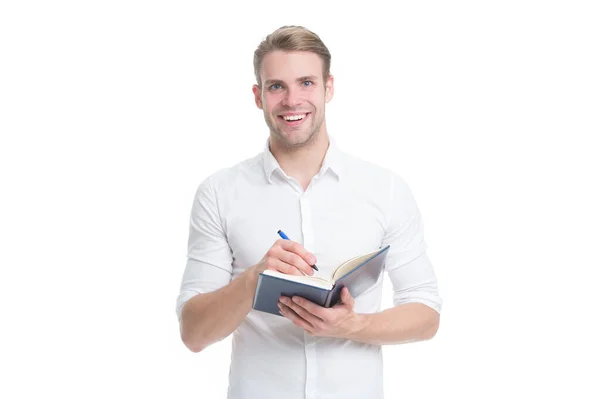 Vind inspiratie in het boek. Universiteit mannelijke student met lezingen notities. Zelfstudie. Inspiratie en muze. Blijf studeren. Dorst naar kennis. Studente. Zakenman houdt boek bij. Leesboek — Stockfoto