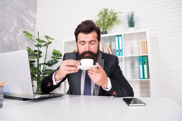 Discuss business over coffee. Respectable ceo. Man handsome boss sit in office drinking coffee. Comfy workspace. Good morning. Bearded hipster formal suit relaxing with coffee. Office life routines