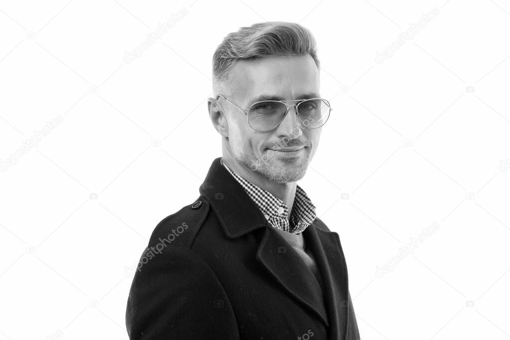 Looking cool. Mature man isolated on white. Mature adult wear sunglasses. Casual style. Fashion trends. Mature person with unshaved face and stylish haircut. Grooming products. Handsome and mature