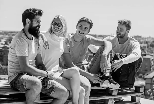 Best day ever. Group of people in casual wear. best friends. Summer vacation. diverse young people talking together. happy men and girl relax. group of four people. great fit for day off