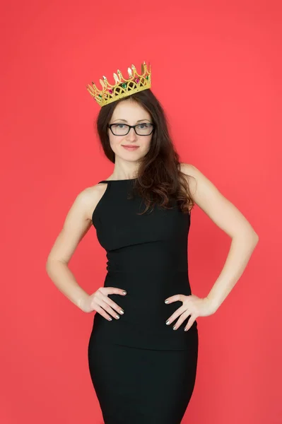 Ambitious woman. Woman boss red background. Sexy woman wear luxury crown. Pretty woman in formalwear. Selfish and narcissistic girl. Successful business lady. Prom queen. Dream big