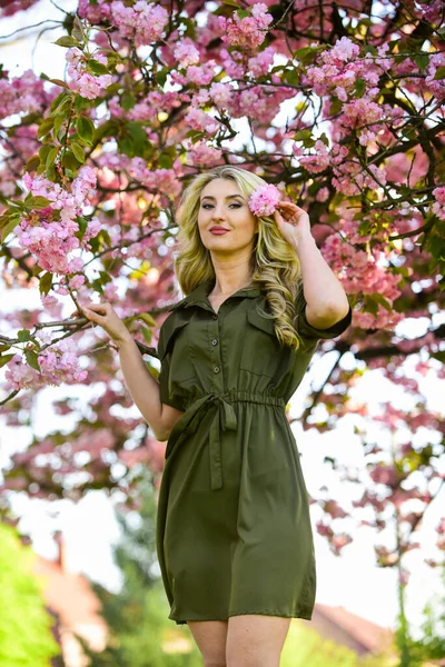 Merhaba yaz. Pembe kiraz ağacı çiçekleri. Çiçek aroması tedavisi. Eski ve eski moda. Saf güzellik dişisi. Tasasız ve mutlu bir kadın. Seksi kız sakura çiçeğinin tadını çıkarıyor. bahar çiçekli ağaç