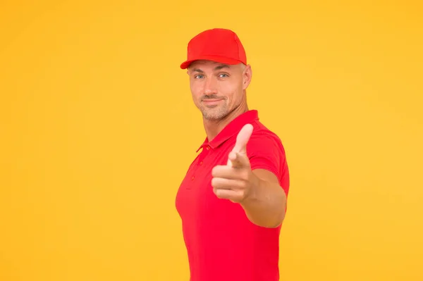 Ad campaign. Handsome man point finger straight yellow background. Advertising product or service. Advertising and promoting. Advertising agency. Sales agent. Advertising text, copy space — Stock Photo, Image