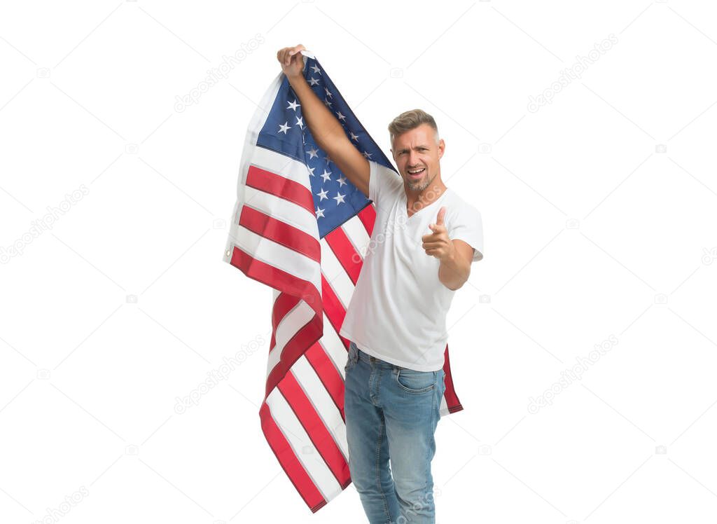 Did you apply for citizenship. Man point finger with USA flag. American citizen isolated on white. Citizenship applicant. Citizenship and immigration. Citizenship status. Political nationality